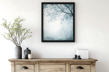mockup frame on white wall in bright and welcoming home office