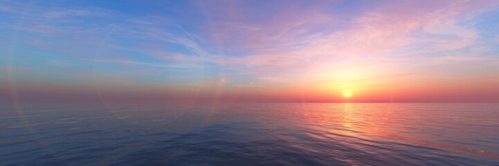 Panorama of sea sunset, ocean sunrise, seascape, 3d rendering
