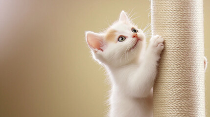Playful Kitten Climbing Scratching Post with Determination