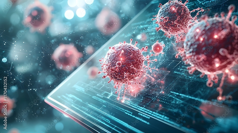 Poster futuristic quantum computing system simulating stem cell therapy outcomes in real time with glowing 