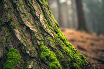 Obraz premium Close-up of rough tree bark with patches of green moss, representing nature, texture, and the outdoors. AI generated