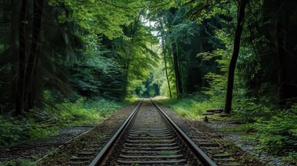 Obraz premium A serene view of railway tracks winding through a lush green forest.