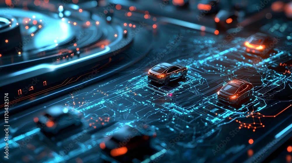 Poster futuristic quantum computing system optimizing real time traffic flow in smart city with glowing 3d 