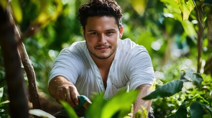 Smiling Man Tending to Plants in Lush Greenery