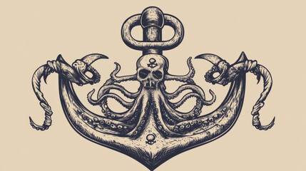 Cartoon pirate ship anchor. Isolated vector formidable armature adorned with octopus engraving and rope, heavy relic of the high seas. Its massive flukes evoke tales of plunder and maritime adventures