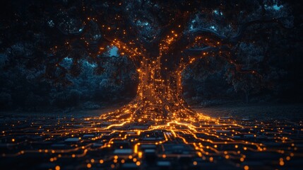 Glowing tree roots in digital network.