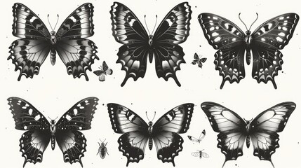 Fototapeta premium Six monochrome butterflies, two small insects, isolated on white.