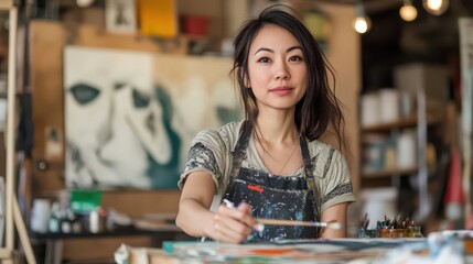 Fototapeta premium Creative Artist in Studio Focusing on Painting