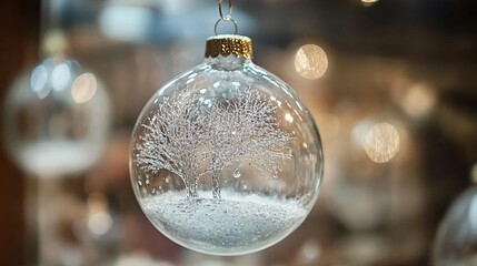 Glass Christmas ornament, snowy scene, market display, festive bokeh