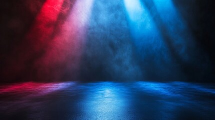 Abstract background with blue and red light rays in a dark room with fog