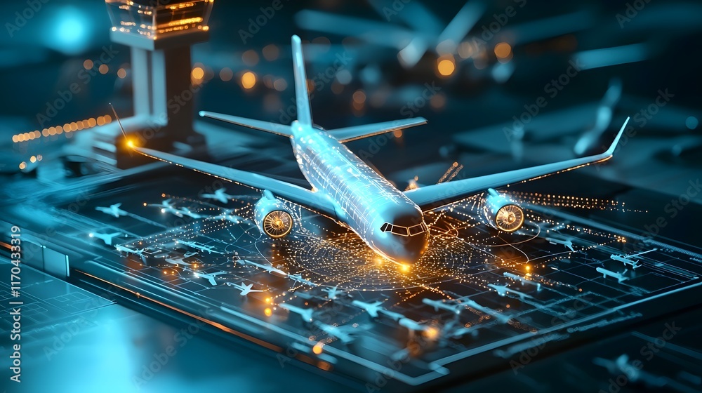 Poster quantum computing model forecasting intricate air traffic patterns with glowing holographic airplane