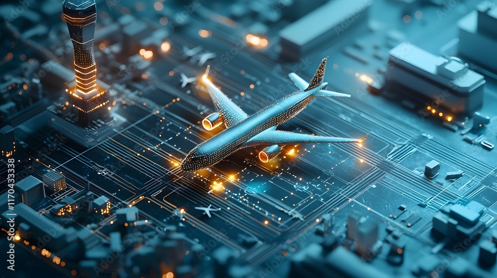Poster quantum computing model predicting futuristic air traffic patterns with glowing holographic airplane