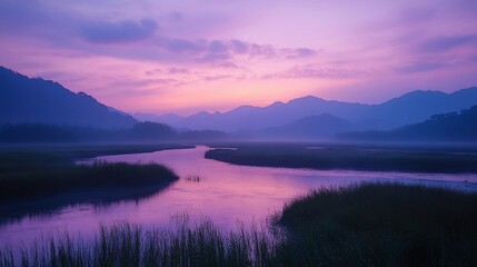Fototapeta premium Purple Sunrise Over Misty River Valley