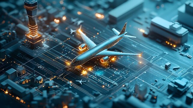 Quantum Computing Model Predicting Futuristic Air Traffic Patterns with Glowing Holographic Airplanes and Control Tower Connections Leaving Copy Space at the Top