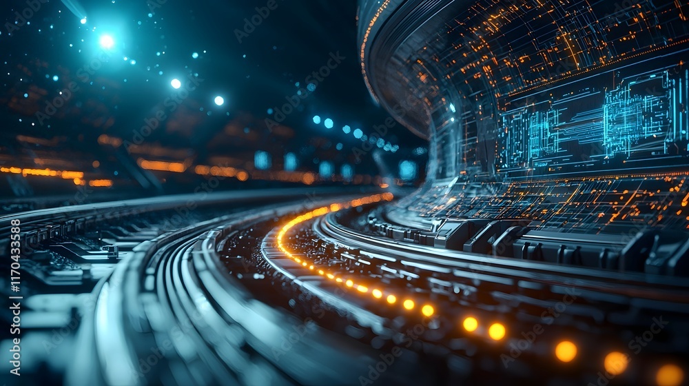 Poster futuristic virtual twin powered by quantum computing simulating hyperloop transport networks with gl