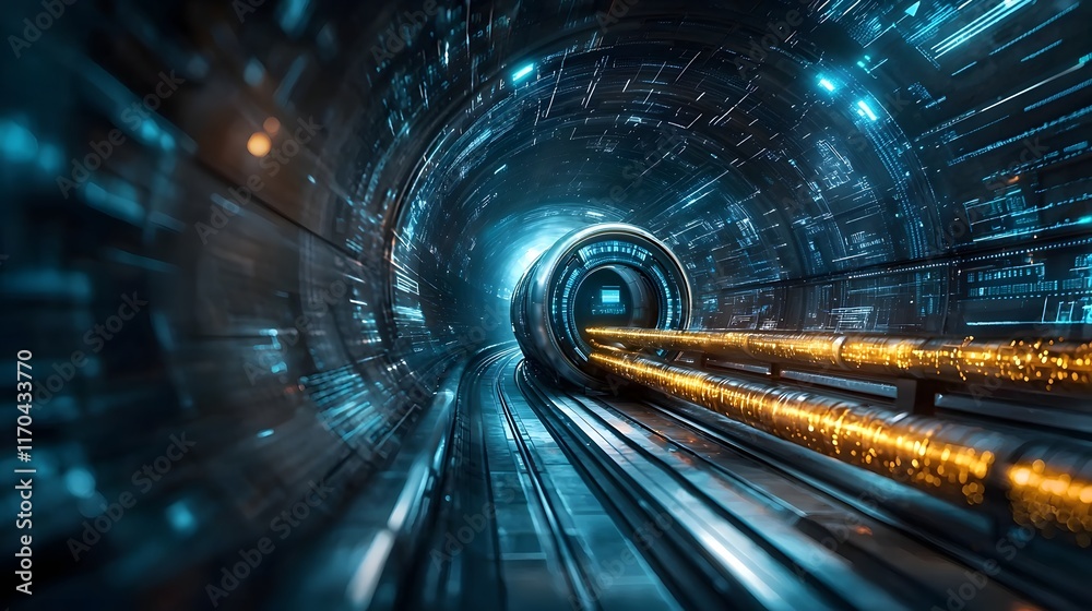 Poster futuristic virtual twin powered by quantum computing simulating hyperloop transport networks with gl