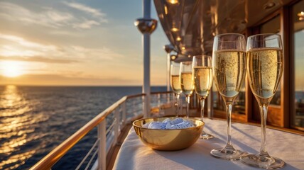 As sun began to set on a balmy summer evening, casting a warm golden glow over deck of luxury cruise ship, a panoramic view captured elegance of champagne glasses glistening in fading light, evoking