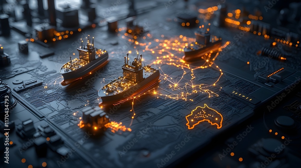 Poster futuristic virtual quantum model displaying glowing ship routes and port activities across a hologra