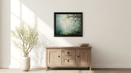 picture frame mockup on white wall with soft shadows and neutral-toned furniture