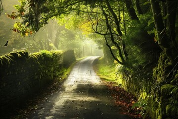 Fototapeta premium A serene, winding road surrounded by lush greenery and misty atmosphere.