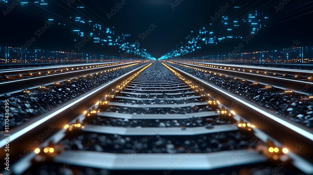 Poster futuristic quantum computing system managing high speed rail networks showing glowing tracks and syn