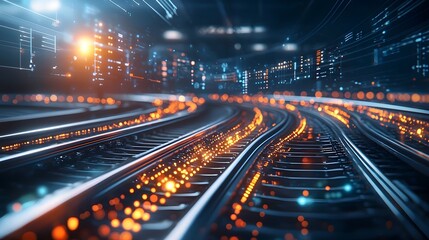 Fototapeta premium Futuristic quantum computing system managing and synchronizing high speed rail network movements showcasing glowing tracks and dynamic train with copy space at the bottom left