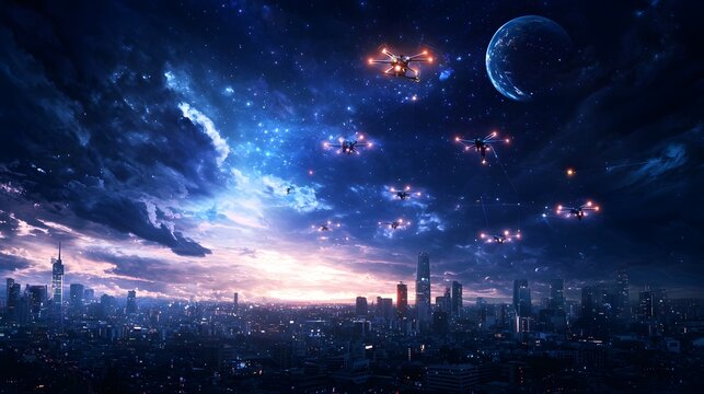 A quantum powered system simulating drone delivery logistics with glowing drones and parcel routes visualized over a futuristic cityscape leaving copy space on the left