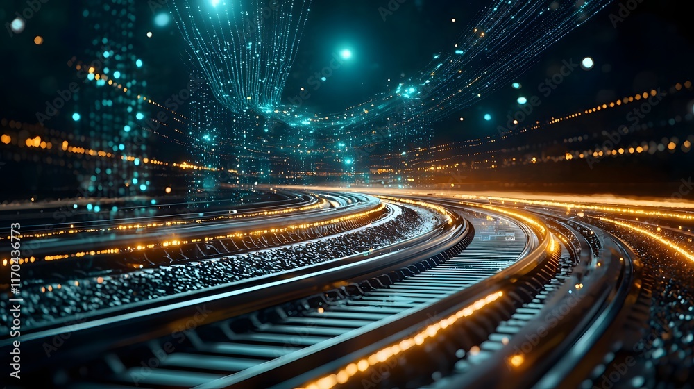 Poster A futuristic quantum computing system managing high speed rail networks showcasing glowing tracks and synchronized train movements with copy space available at the bottom left for additional content