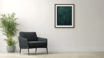 picture frame mockup hanging on clean wall with modern armchair and light tones