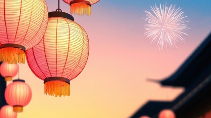 Obraz premium Chinese new year background. Colorful lanterns illuminate a twilight sky with fireworks, creating a festive atmosphere.