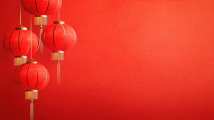 Chinese new year background. Red lanterns hanging against a vibrant red background, symbolizing celebration and culture.