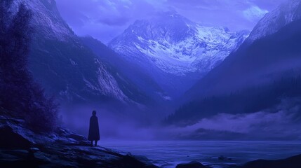 Mysterious figure stands by a serene lake surrounded by deep blue and purple mountains at dusk
