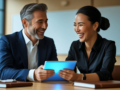 Business colleagues sharing a laugh over a tablet. Male executive and young female employee. - Powered by Adobe