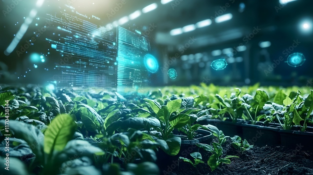 Poster Holographic quantum computing model predicting weather patterns for smart farming with glowing data streams flowing over a lush green agricultural landscape