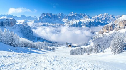 Fototapeta premium Scenic snowy mountain landscape with clear blue skies.