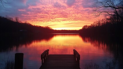 Obraz premium Peaceful sunset over lake, wooden dock, tranquil scene