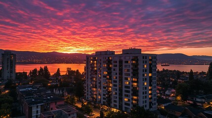 Obraz premium Cityscape sunrise, vibrant sky, waterfront, apartments