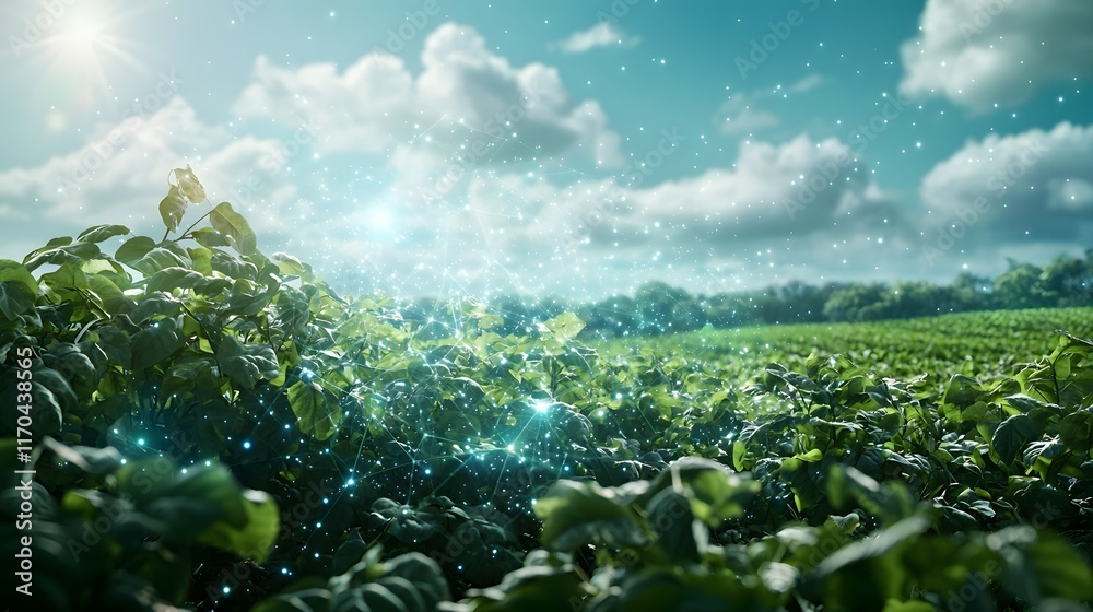Poster Holographic Quantum Computing Model Predicting Weather Patterns and Data Streams for Innovative Smart Farming Solutions Showcasing a Lush Green Farm Landscape with Copy Space