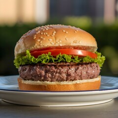 "Close-up of a freshly prepared hamburger with sesame seed bun, lettuce, tomato, and juicy patty, held in a hand. Perfect for food marketing, restaurant menus, and culinary promotions."
