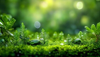 wellness and spa graphic elements for mental health therapy. Lush green moss with delicate plants and soft bokeh background.