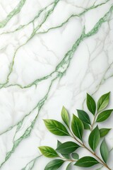 Naklejka premium Elegant white marble texture with green veins and fresh leaves placed artistically