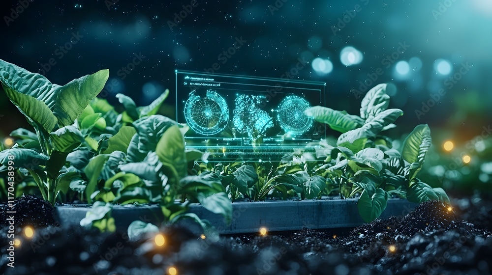 Poster holographic quantum powered system predicting pest infestations in smart farms displaying glowing pe