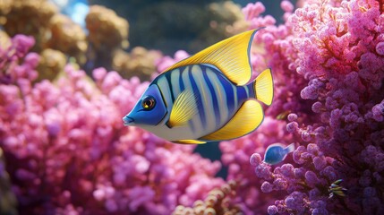 Obraz premium A regal tang fish swimming through a surreal pink and purple coral reef background.