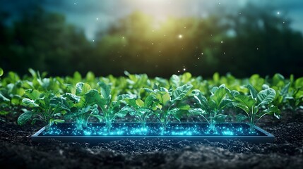 Futuristic quantum computing system visualizing and optimizing precision nutrient distribution for smart farming applications with glowing holographic data maps and copy space