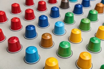 Colorful coffee pods arranged in a flat lay composition for vibrant aesthetic appeal