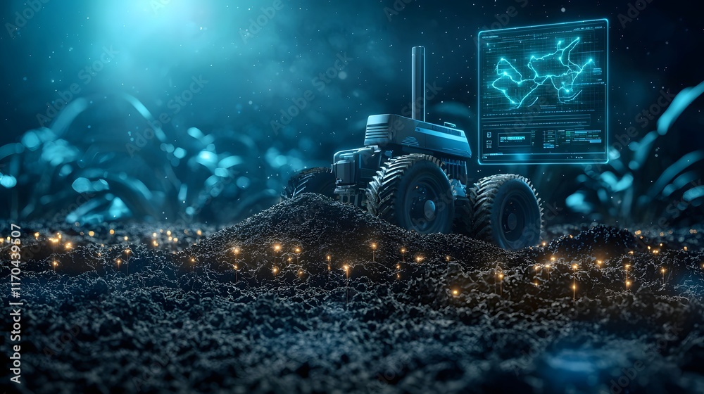 Poster futuristic quantum computing system optimizing fertilizer usage in smart farming with glowing hologr