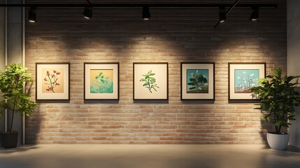 gallery wall mockup with wooden frames and soft overhead lighting