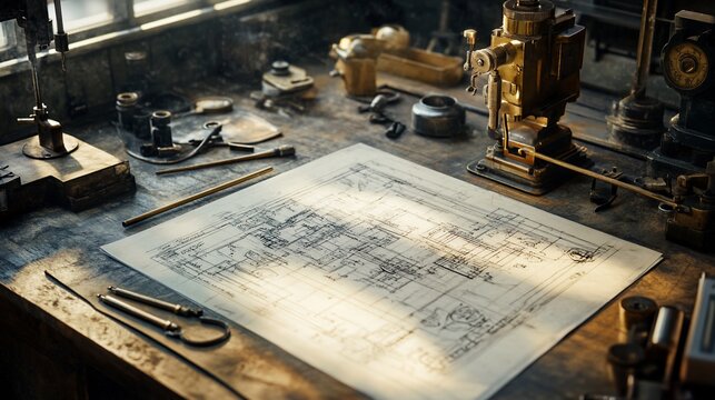 Vintage blueprints on workbench in antique workshop