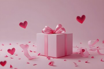 A Valentine's Day-themed gift box, decorated with luxurious pink ribbon and little hearts around
