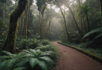 A winding path through a lush forest with palm trees and ferns